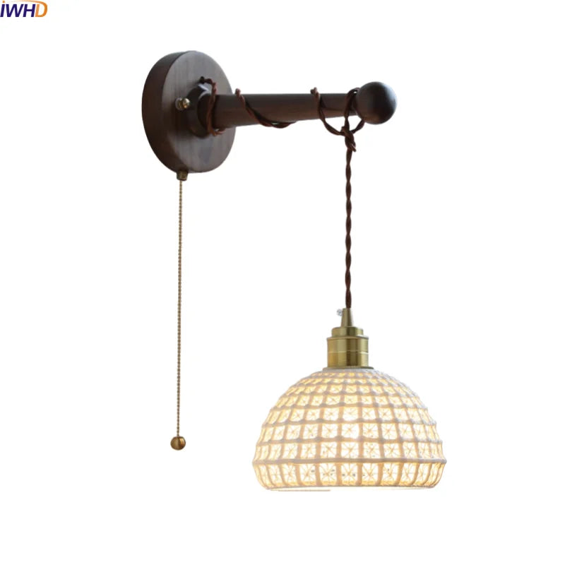 Axyaa White Ceramic LED Wall Lamps with Black Walnut Wood Pull Chain Switch