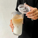 Axyaa Stripe Glass Coffee Cup With Lid and Straw - Transparent Drinkware for Refreshing Beverages