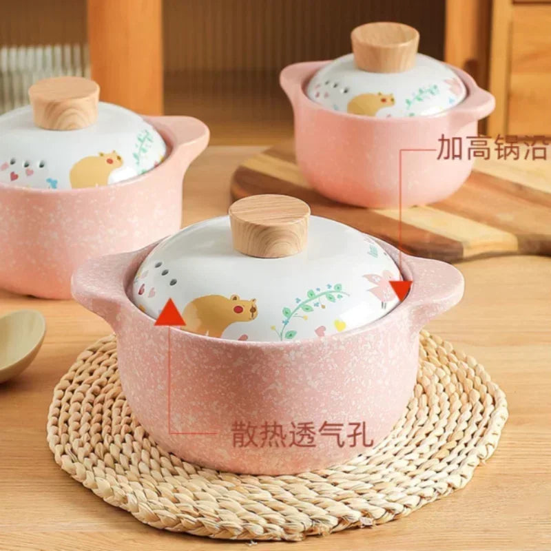 Axya Ceramic Casserole Korean Cartoon Soup Pot Cute Pink Cookware Utensils for Home Kitchen
