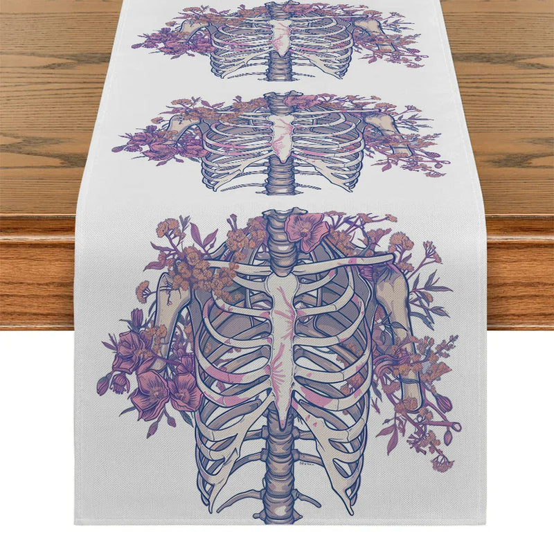 Axyaa Halloween Skeleton Floral Table Runner for Dining Room