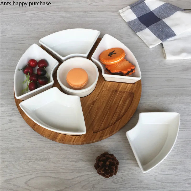 Axya Ceramic Fruit Tray with Bamboo Divider - Snack & Dessert Plate