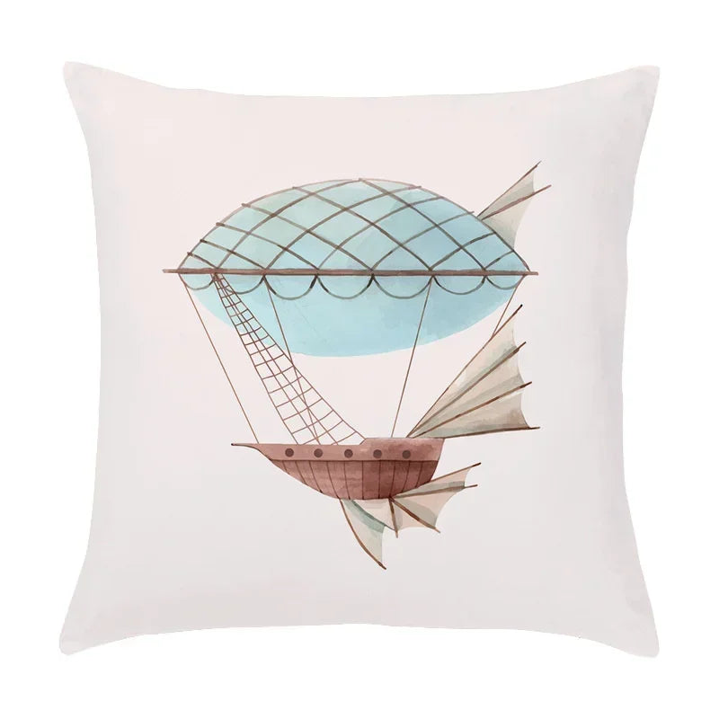 Axyaa Cartoon Sailboat Hot Air Balloon Lighthouse Cushion Cover