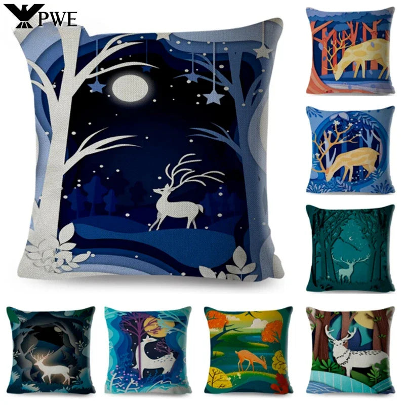 Axyaa Cartoon Deer Pillowcase - 45*45cm Linen Cushion for Home Decor