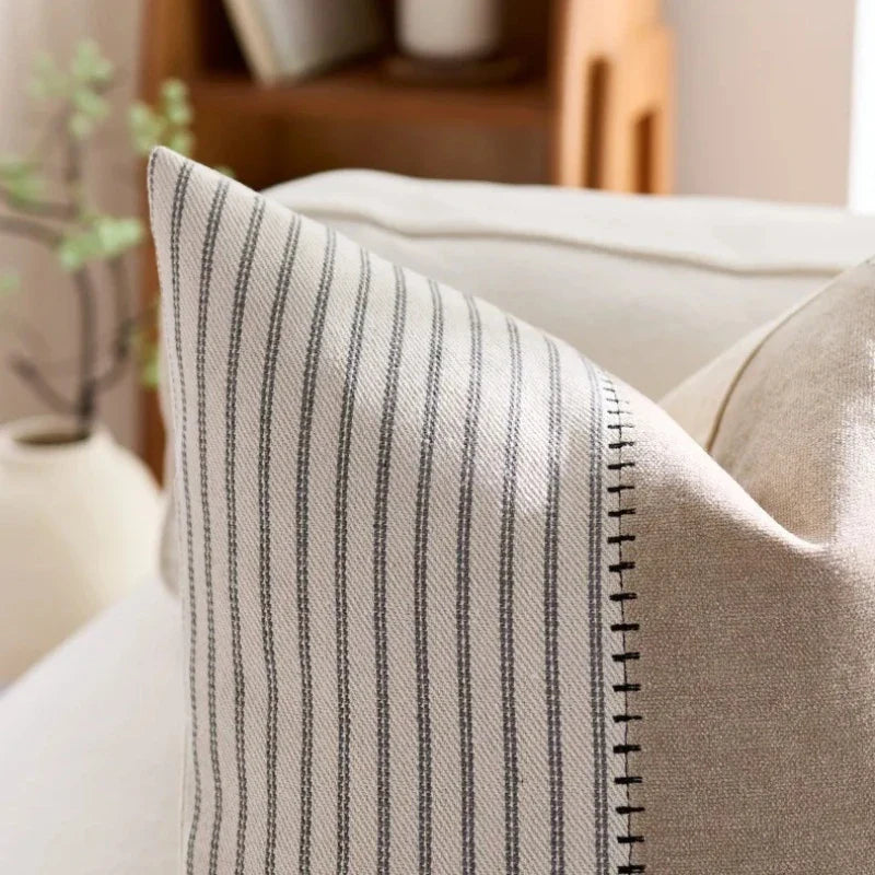Cream Tan Two Tone Striped Pillow Cover for Home Sofa Couch Living Room by Axyaa