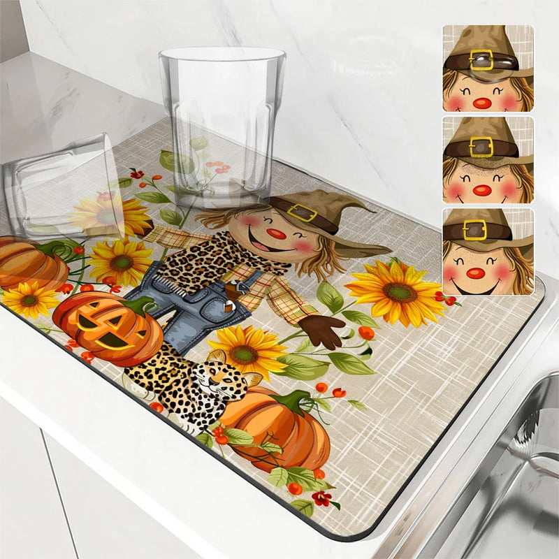 Axyaa Watercolor Pumpkin Draining Mat for Kitchen and Bathroom