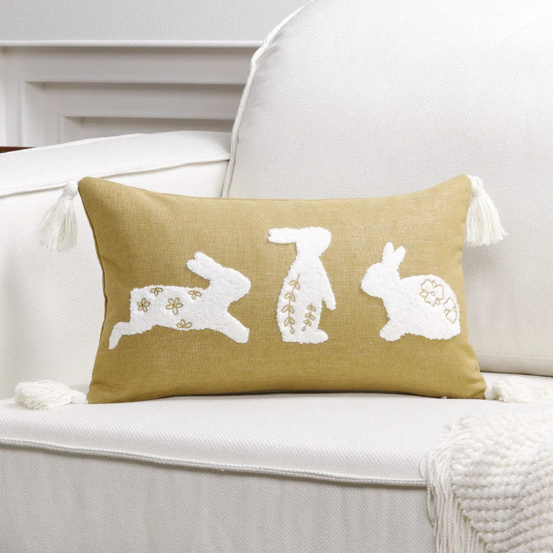 Axyaa Bunny Rabbit Floral Embroidery Pillow Cover, Soft Canvas Texture, Easter Home Decor