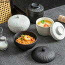 Axyaa Stone Patterned Frosted Ceramic Bowl with Lid - Solid Color Dessert & Soup Bowl