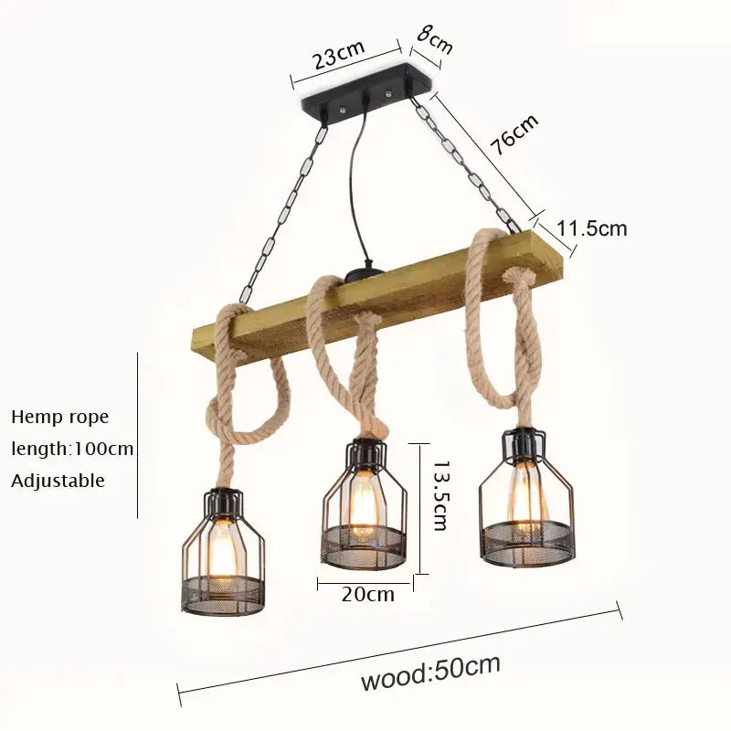 Axyaa Retro Industrial Chandelier Wood Pendant Lamp Iron Hemp Rope Hanging Lamp