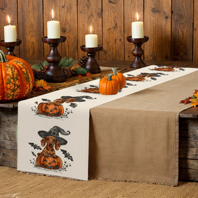 Axyaa Halloween Dog Pumpkin Head Table Runner for Farmhouse Dining