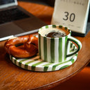 Axyaa Hand-Drawn Green Stripe Ceramic Coffee Cup with Breakfast Plate - Creative Tea Mug