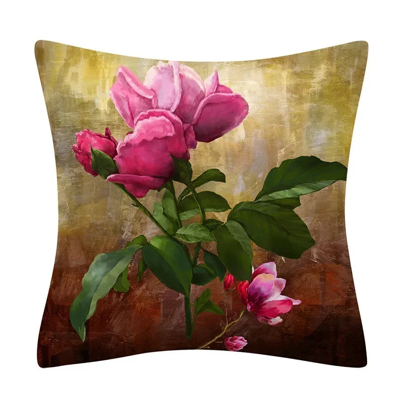 Retro Floral Linen Pillow Cover Abstract Art Decor for Living Room Sofa by Axyaa