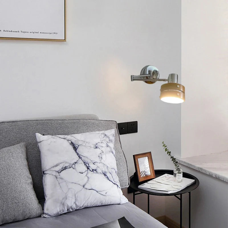 Axyaa Chrome & Wood Long Arm Wall Sconce - E27 Bulb - Ideal for Reading, Study, Bedroom, Office