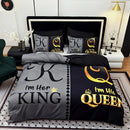 Axyaa Black Grey Color Blocking Crown Letter Duvet Cover Set for Queen King Size