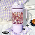 Axyaa 1000ML Plastic Water Bottle with Straw and Handle, Outdoor Sports Camping Double Drink Cup