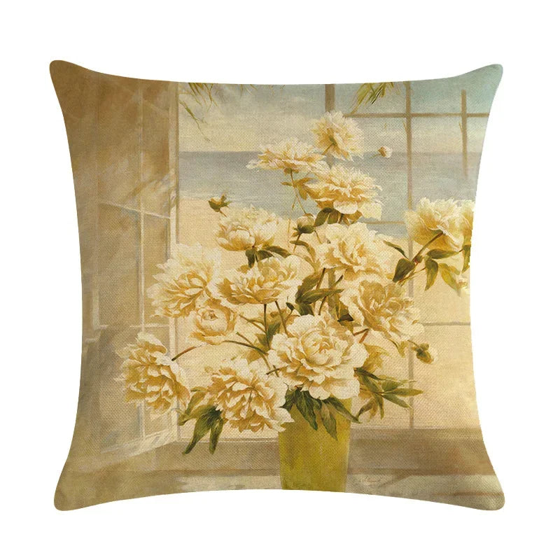 Axyaa Retro Flower Oil Painting Linen Pillowcase 45*45cm