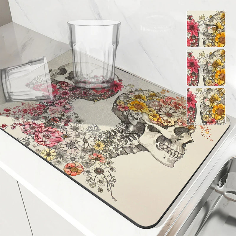 Axyaa Floral Skull Absorbent Dish Drying Mat with Rubber Backing