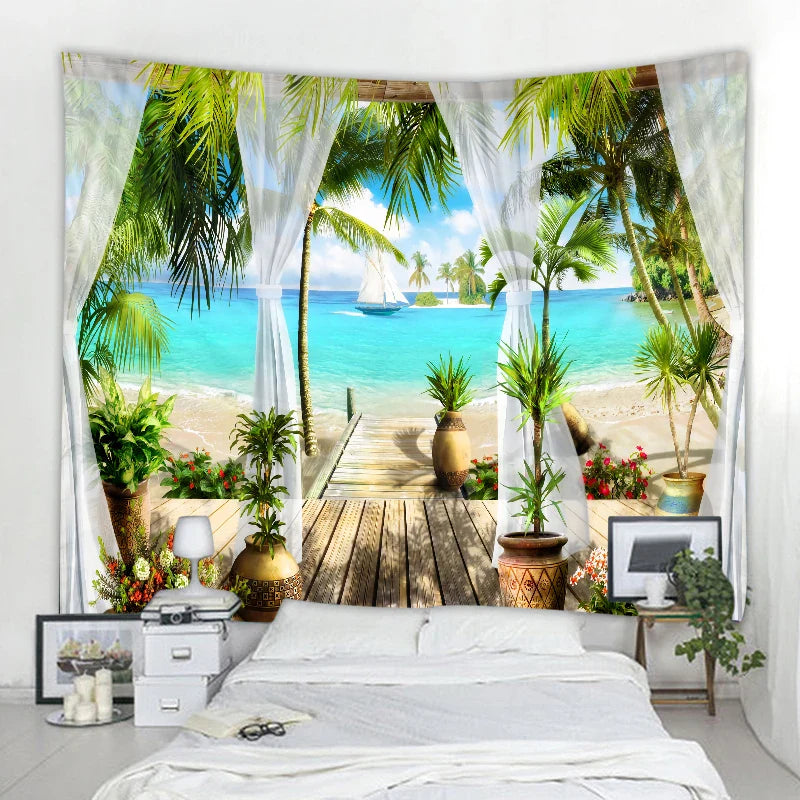 Axyaa 3D Faux Window Landscape Tapestry Wall Hanging for Bohemian Home Decor