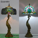 Axyaa Stained Glass Peacock Table Lamp LED Decor for Bedroom Living Room