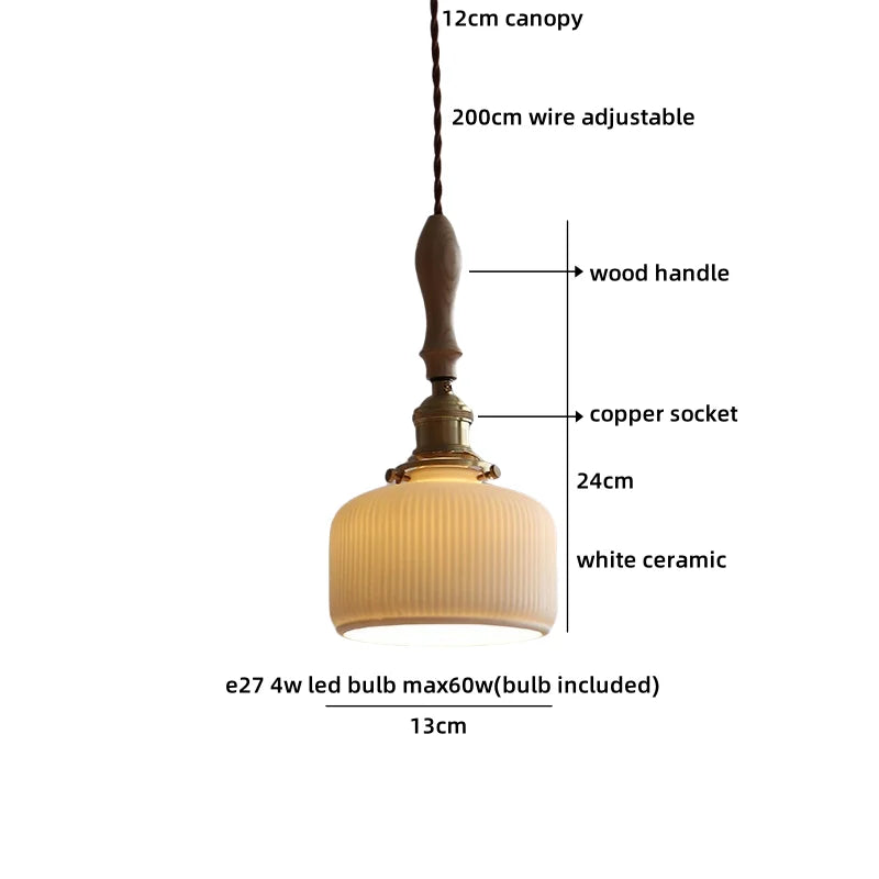 Axyaa Ceramic Pendant Light Wood White LED Lamp for Living Room & Cafe