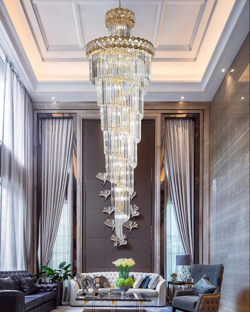 Axyaa Modern Crystal Chandelier, Gold Stainless Steel, LED Pendant for Large Staircases
