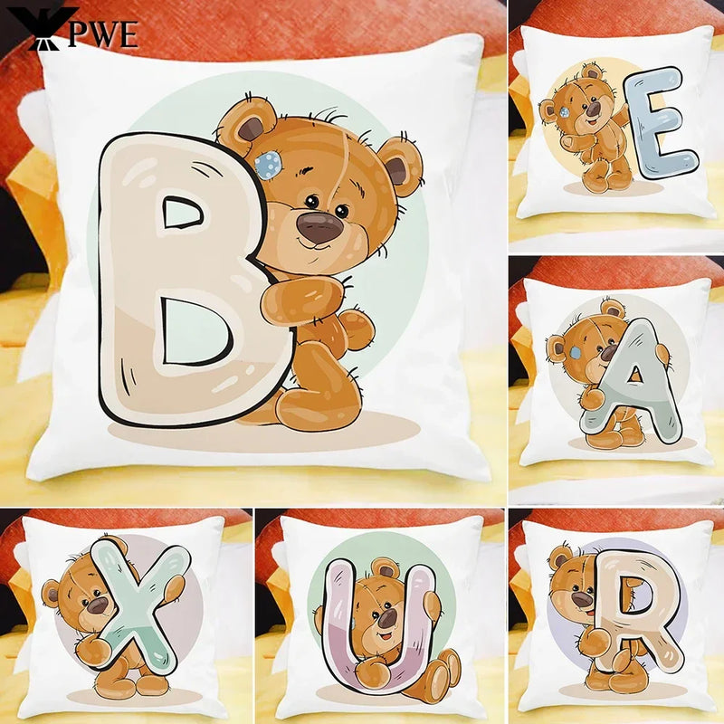 Axyaa Cartoon Bear Alphabet Print Cushion Cover - Children's Room Decor