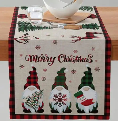 Axyaa Christmas Table Runner with Festive Gnome Tree Snowman Design