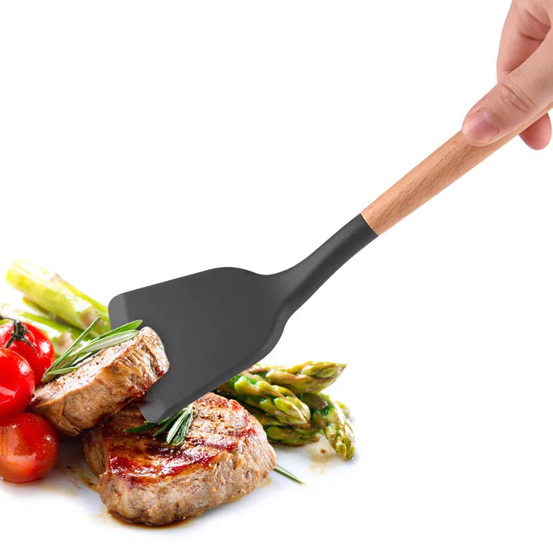 Axyaa Silicone Cooking Spatula Turner with Wooden Handle - Home Kitchen Utensil