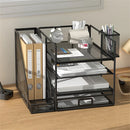 Metal Mesh Desk Organizer 4-Tier with Sliding Drawer, Letter Tray & Pen Holder by Axyaa