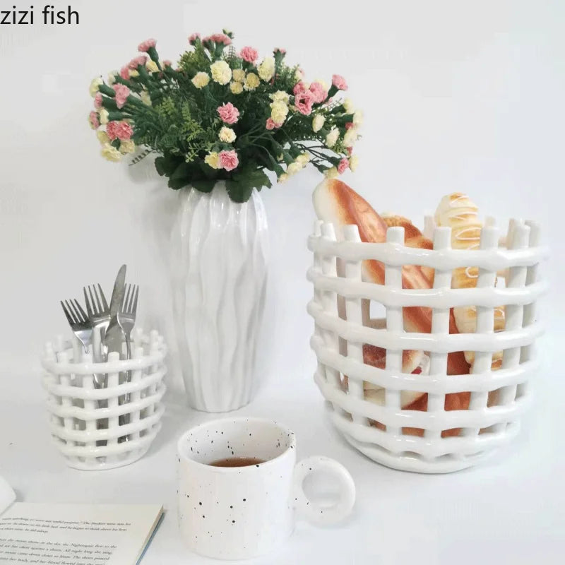 Hand-woven Ceramic Basket Set by Axya: Tray, Plate, Box, Jar, Tube & Storage Basket