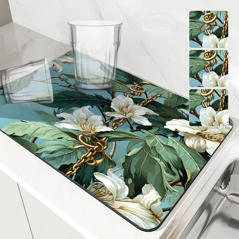 Tropical Palm Drying Mat by Axyaa: Absorbent Anti-Slip Coffee Mat & Table Placemat