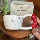 Axyaa Cute Cat Ceramic Coffee Mug with Large Handle and Knotbow Decor - 10oz