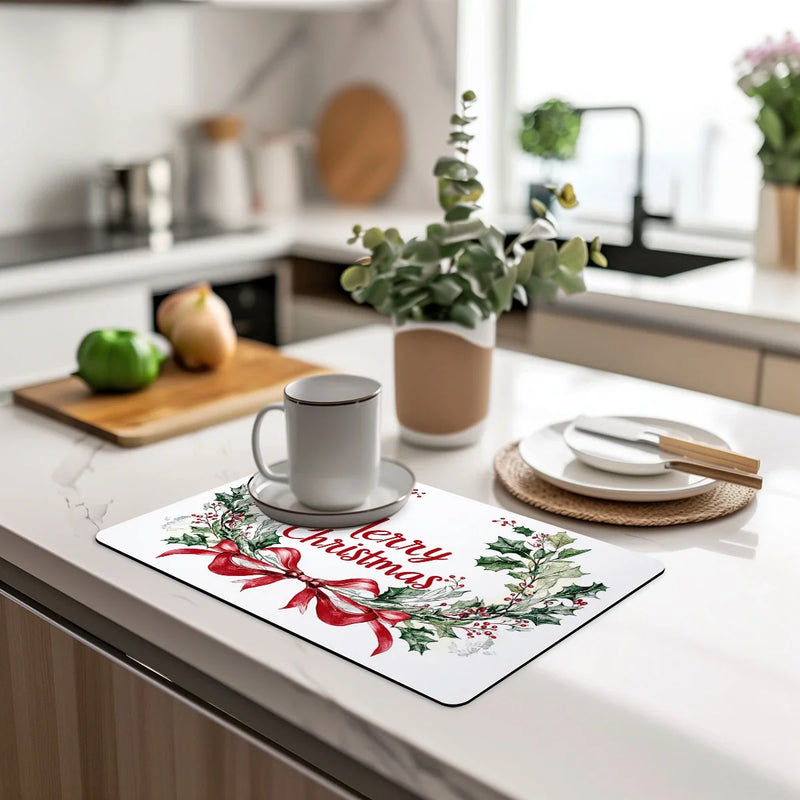 Axyaa Christmas Bow Dish Drying Mat: Heat Resistant, Non-slip Kitchen Drain Pad