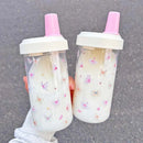 Axyaa Kawaii Bow Plastic Water Bottle with Straw - Summer Bubble Tea Cup
