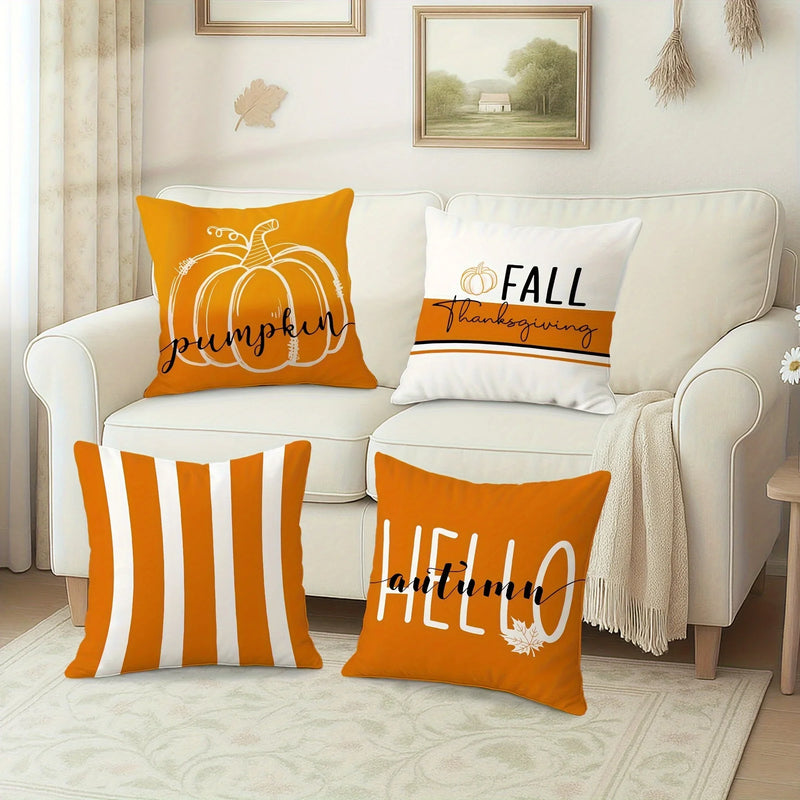 Velvet Fall Pillow Covers - Pumpkin, Maple Leaf & Striped Design, 45x45cm, Axyaa Brand
