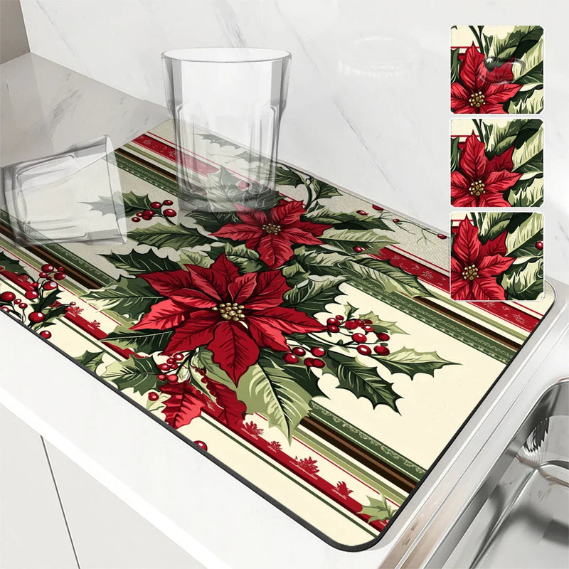 Axyaa Christmas Holly Coffee Cup Drying Mat