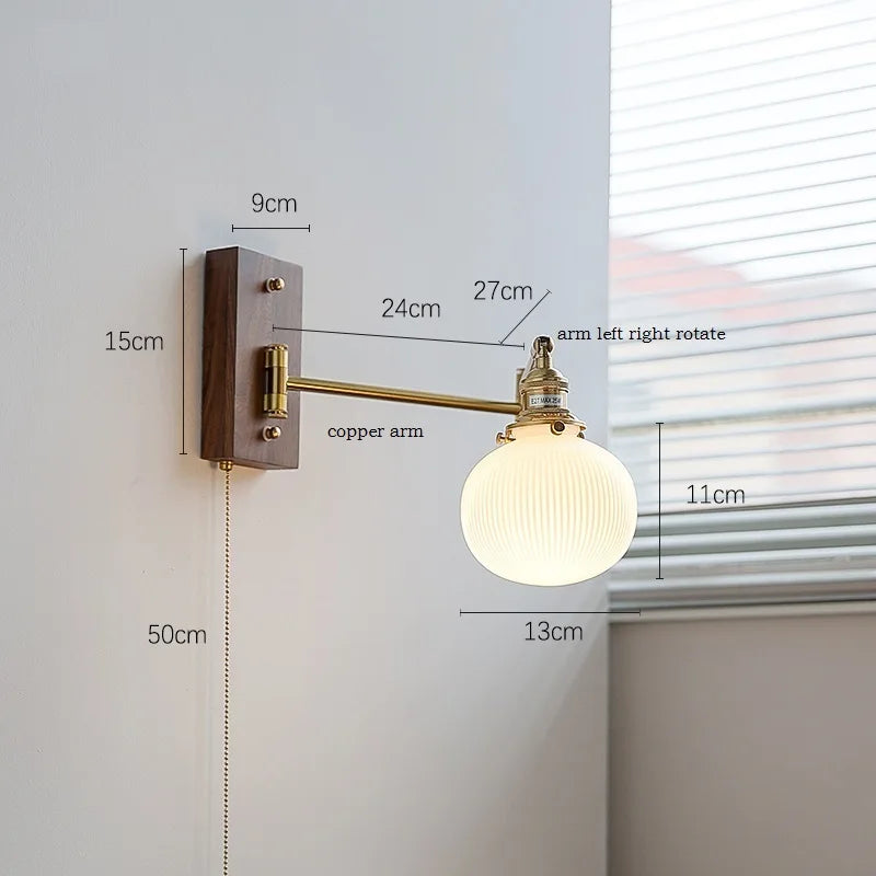 Axyaa Walnut Ash Wood Canopy LED Wall Sconce with Pull Chain Switch