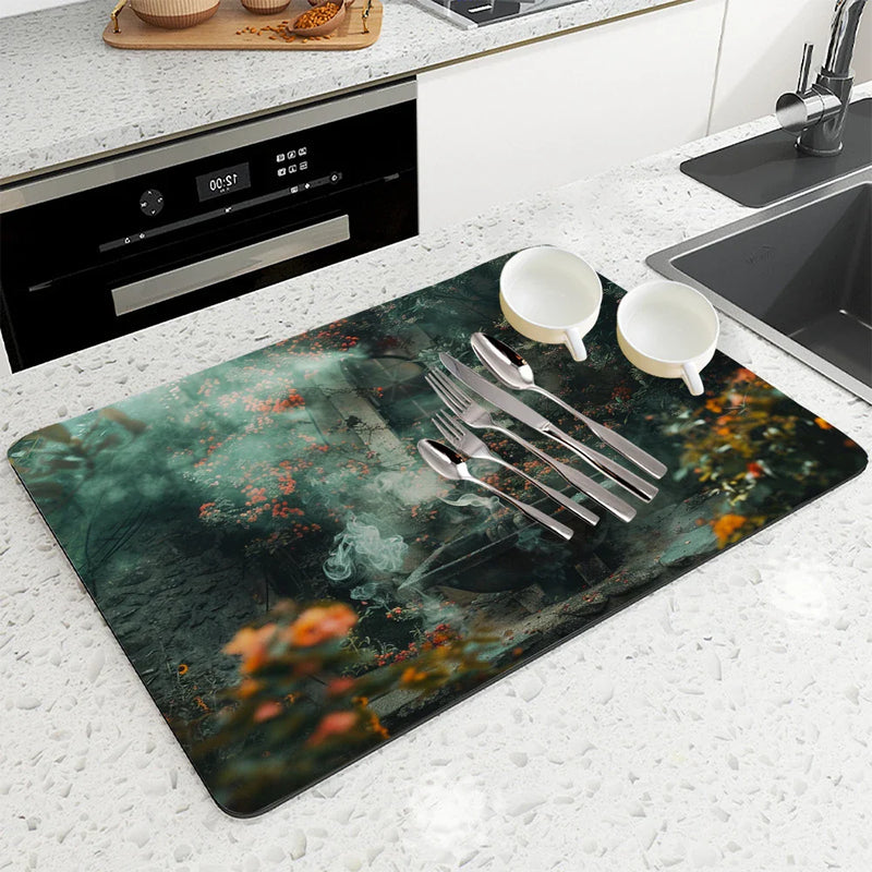 Axyaa Natural Flowers Kitchen Drying Mat - Antiskid & Quick Dry Absorbent Pad