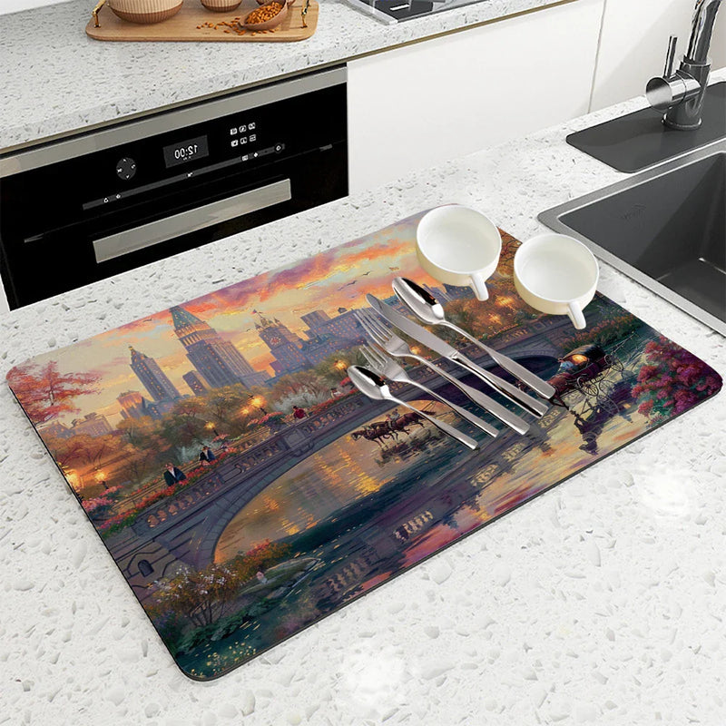 Axyaa Cityscape Absorbent Kitchen Mat - Antiskid & Quick Dry Dish Drying Pad