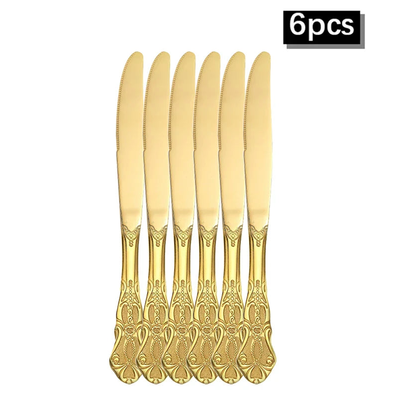 Axyaa Gold Embossed Stainless Steel Tableware Set, Steak Knife, Fork, Spoon, Dessert Fork