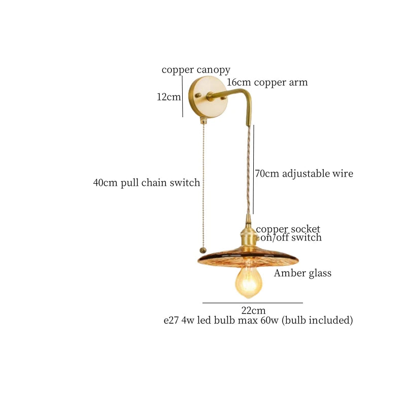 Axyaa Glass LED Wall Sconce Light Pull Chain Copper Applique Murale