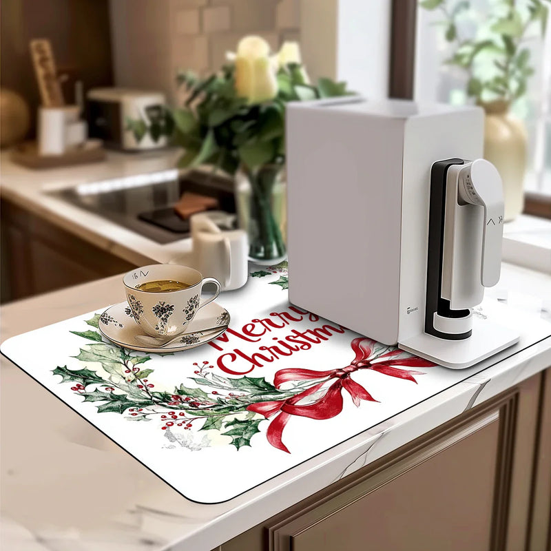 Axyaa Christmas Bow Dish Drying Mat: Heat Resistant, Non-slip Kitchen Drain Pad
