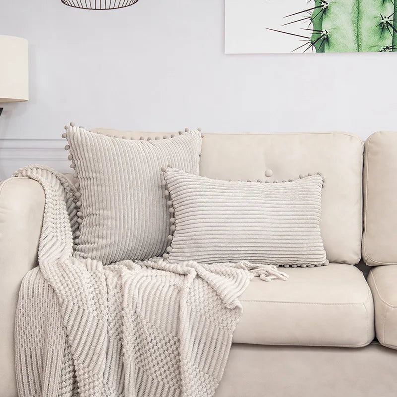 Lumbar Corduroy Boho Cushion Cover with Pom Pom Detail by Axyaa