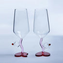 Axyaa Red Love Heart Base Glass Wedding Goblets - Pair Champagne Couple Ring Decor.
