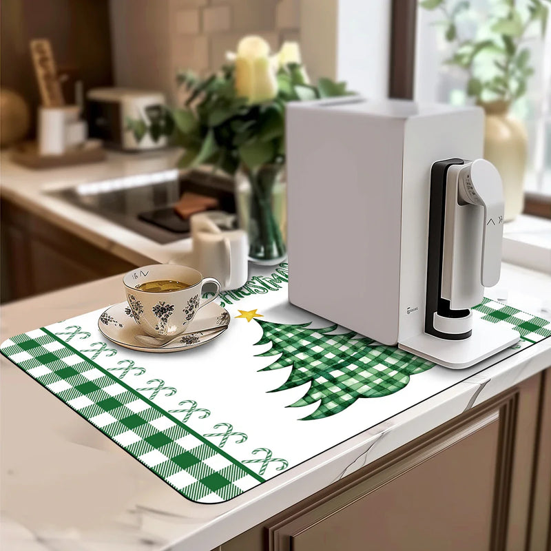 Axyaa Christmas Candy Plaid Silhouette Kitchen Drying Mat