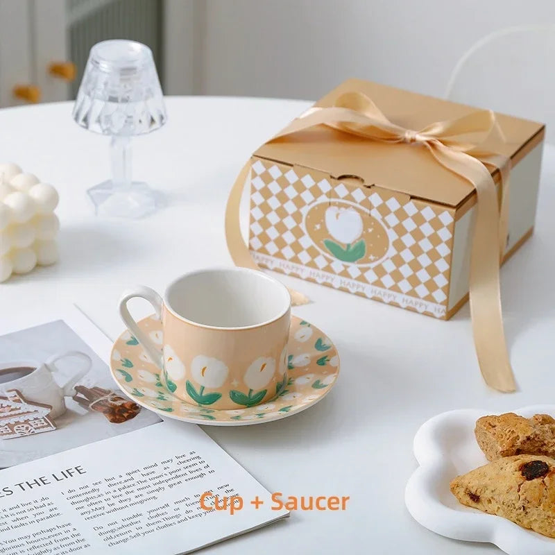 Axyaa Tulip Pattern Ceramic Cup and Saucer Set - Ideal for Tea, Coffee, and Desserts