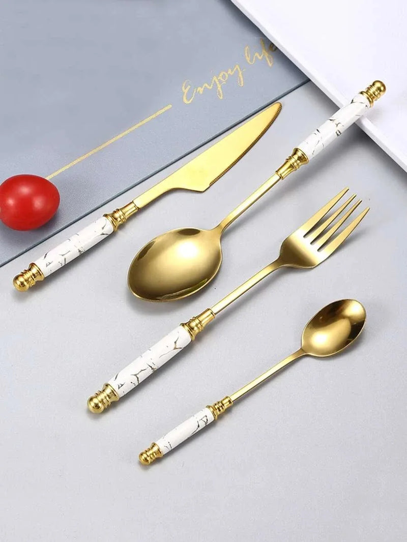 Axyaa 24pcs Ceramic Handle Cutlery Set with Holder - Stainless Steel Knife Fork Spoon