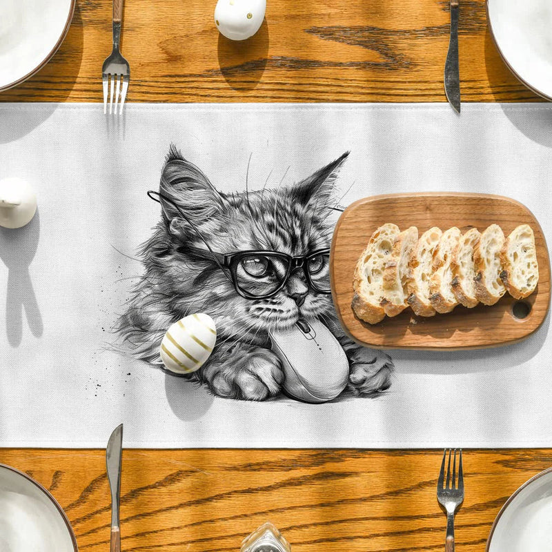 Axyaa Cat Glasses Mouse Pencil Drawing Table Runner