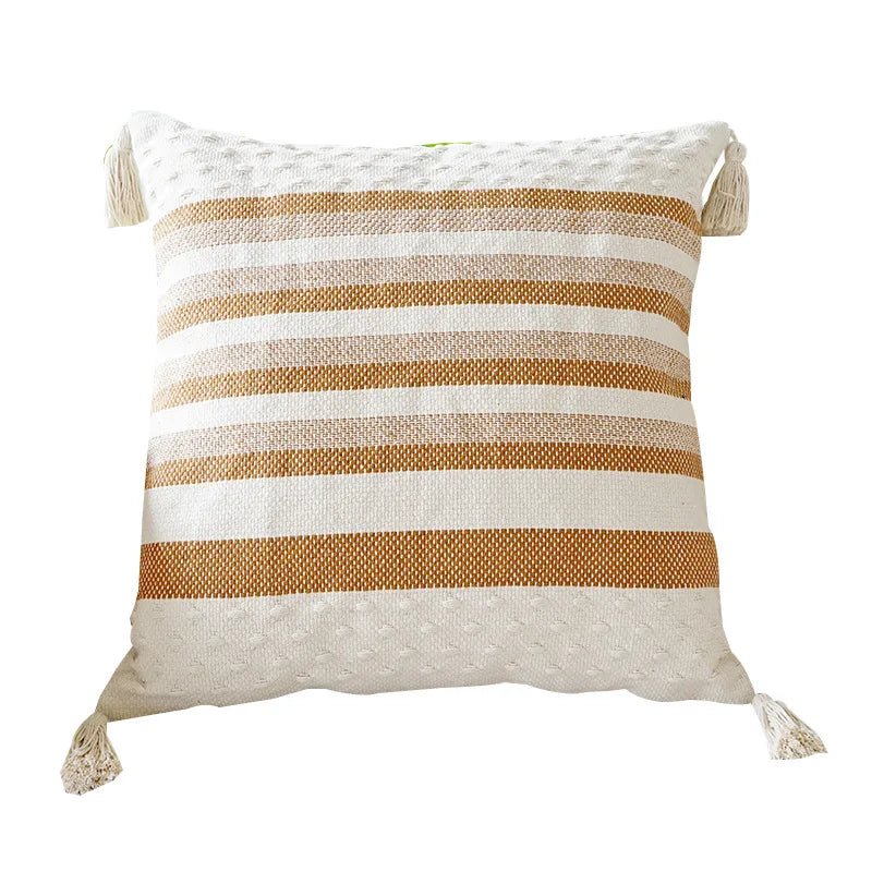 Ivory Brown Coffee Black Stripe Pillow Case with Tassels - Axyaa Brand