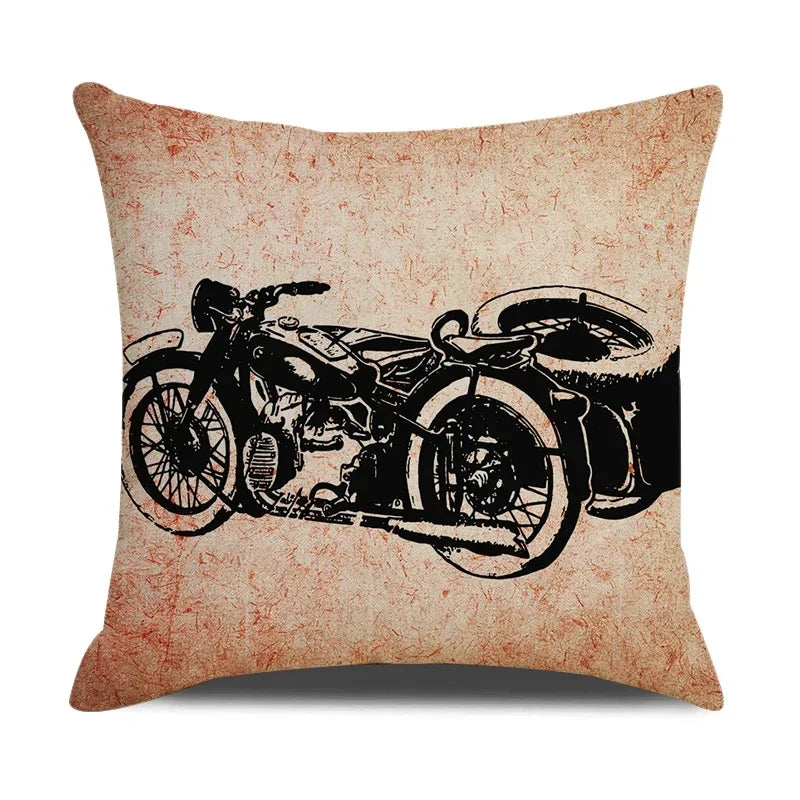 Retro Motorcycle Girls Linen Pillow Cover by Axyaa