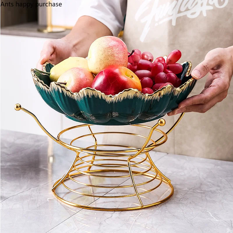 Axya Wrought Iron Ceramic Fruit Plate & Cake Stand Dish Bowl Tray for Snacks & Desserts